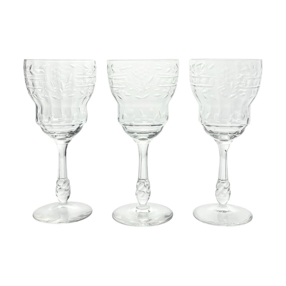 Libbey Rock Sharpe 3 Wine or Water Etched Flower Glasses 7 3/4” 12oz 2018-5